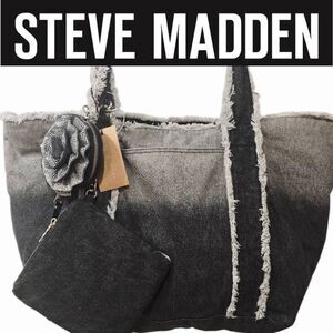 Steve Madden BBecki Distressed Denim Tote Bag w/Flower Coin Wa& Wristlet